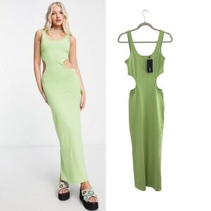 NWT Weekday Liria Sun Summer Cotton Maxi‎ Dress Lime Green Bodycon Size S
